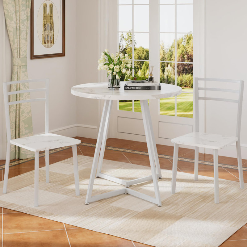 3-Piece Round Wood Dinette Set for 2 with Upholstered Chairs & Steel Frame, White, White, White