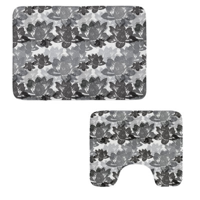  Botanical Bathroom Rug Set 2 Pieces Rectangle & Contour Mats Charcoal Grey and White
