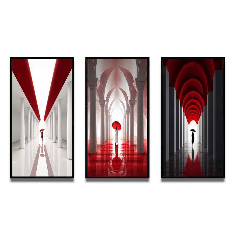 «Wandering On The Way Minimal Architecture II», 3 pièces sur toile, Cadre flottant noir, H 32 po x l 48 po