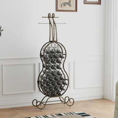 VEVOR Cello Shape Freestanding Wine Rack, 24-Bottle Metal Wine Storage Rack with Glass Hanger & Bottom Shelf, Decorative Liquor Organizer for Home Bar Kitchen Dining Room, Bronze, 66.9"H x 29.3"W x 10.2"D
