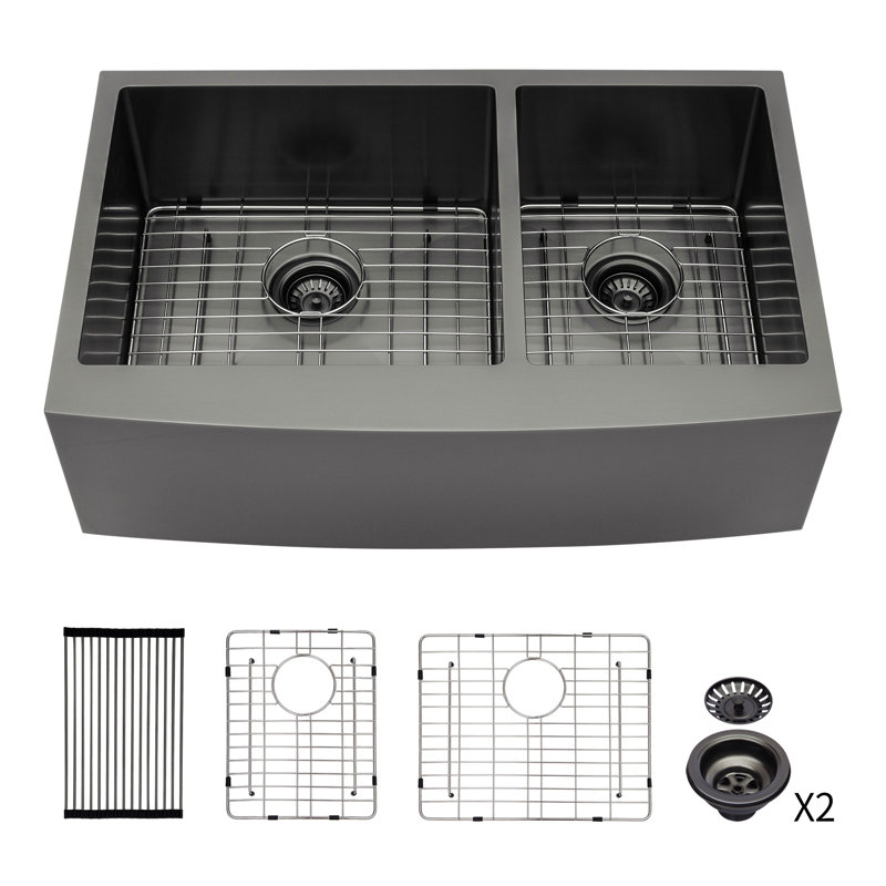 Gunmetal Black Double Bowl (60/40) Farmhouse Sink- Stainless Steel Apron Front Kitchen Sink 16 Gauge With Two 10" Deep Basin