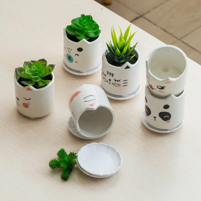 Set Of 6 Cat Ceramic Succulent Pots With Drainage & Trays