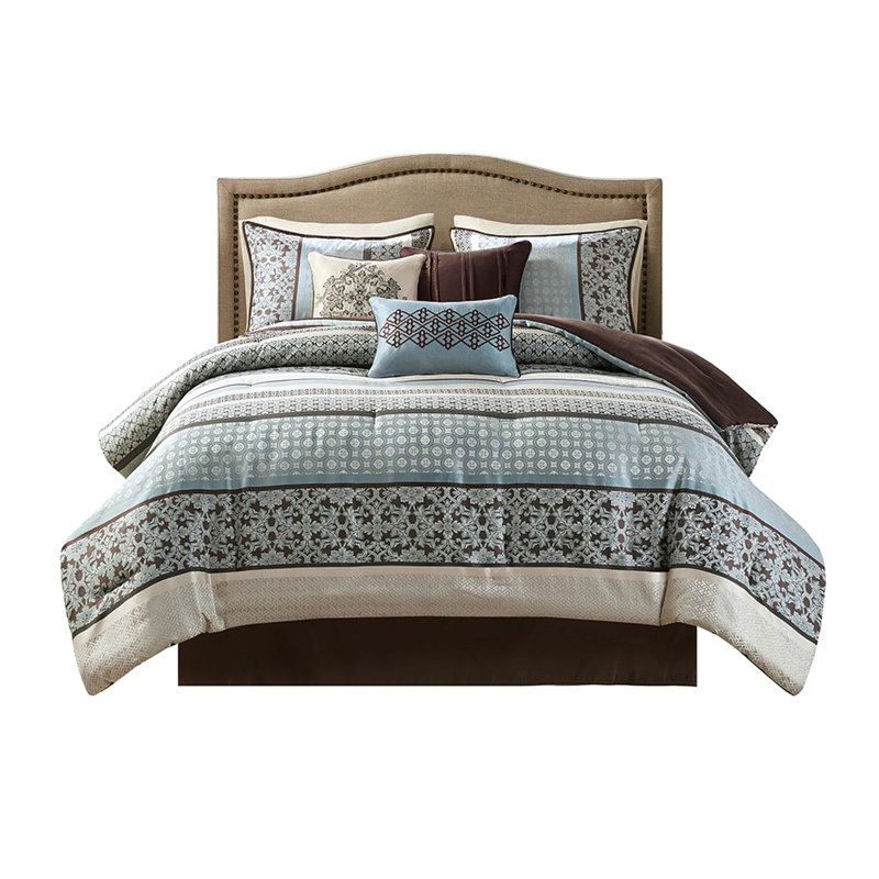 Édredon bleu très grand - 7 pièces avec, comprend 1 jupe de lit et 2 coussins décoratifs à motif géométrique et 100%, Bleu