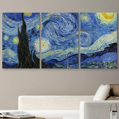 «Famous Artwork Starry Night» par Vincent Van Gogh, ensemble de 3 reproductions d'art sur toiles tendues
