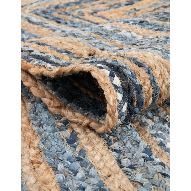 Philo Striped Handmade Braided Jute Blue Area Rug, Hearth 2'2" x 3'7"