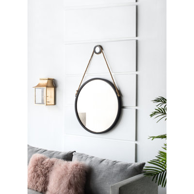 Élégant miroir rond suspendu de 29,5 po avec cadre noir et corde résistante fiable pour la salle de bain