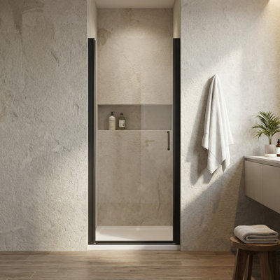 32" W X 72" H Semi-Frameless Shower Door With Pivot Swing, Clear 6Mm Tempered Glass Panel, Single Door For Bathroom, Reversible Fit, Matte Black