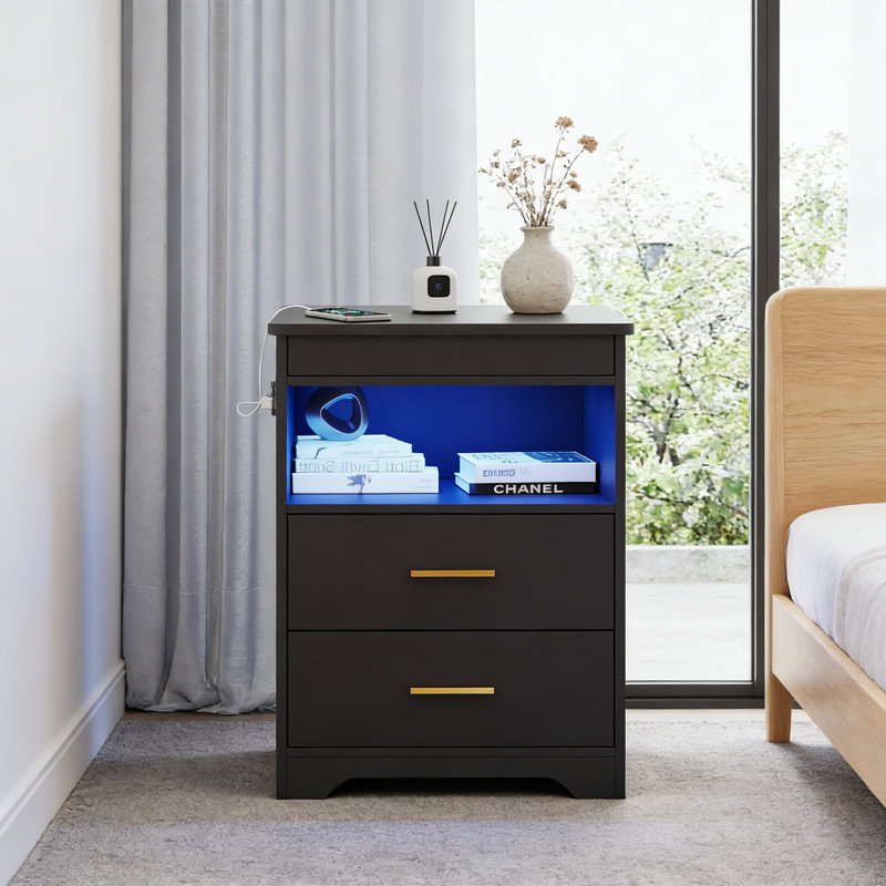 45cm W Manufactured Wood Bedside Table, Black