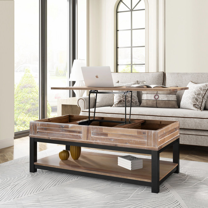 Table basse à plateau relevable Totiyana avec espace de rangement intérieur et tablette, Brun