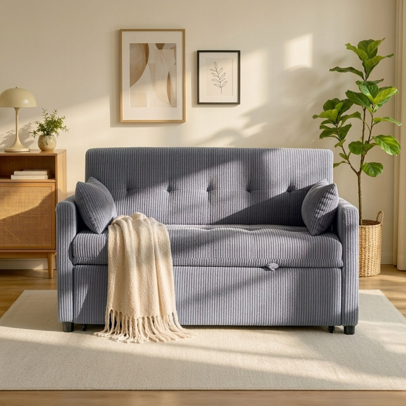 Canapé-lit convertible de 53 po avec lit gigogne, dossier réglable et ports de chargement USB, gris, Velours côtelé gris