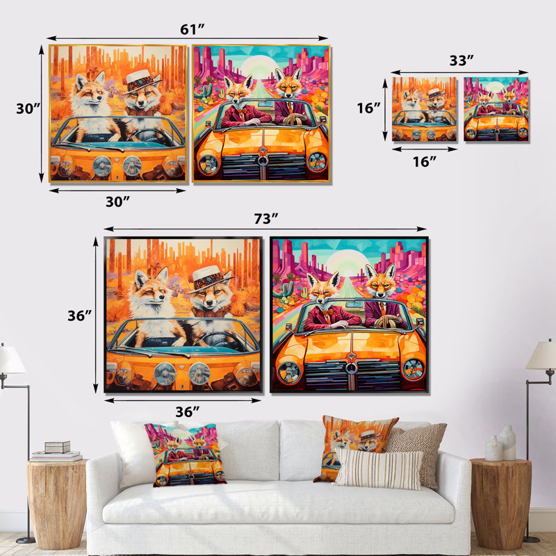 «Adventurous Foxes Drive I - Fox Wall Art Living Room», ensemble de 2, Toile tendue, H 16 po x l 33 po x P 1 po