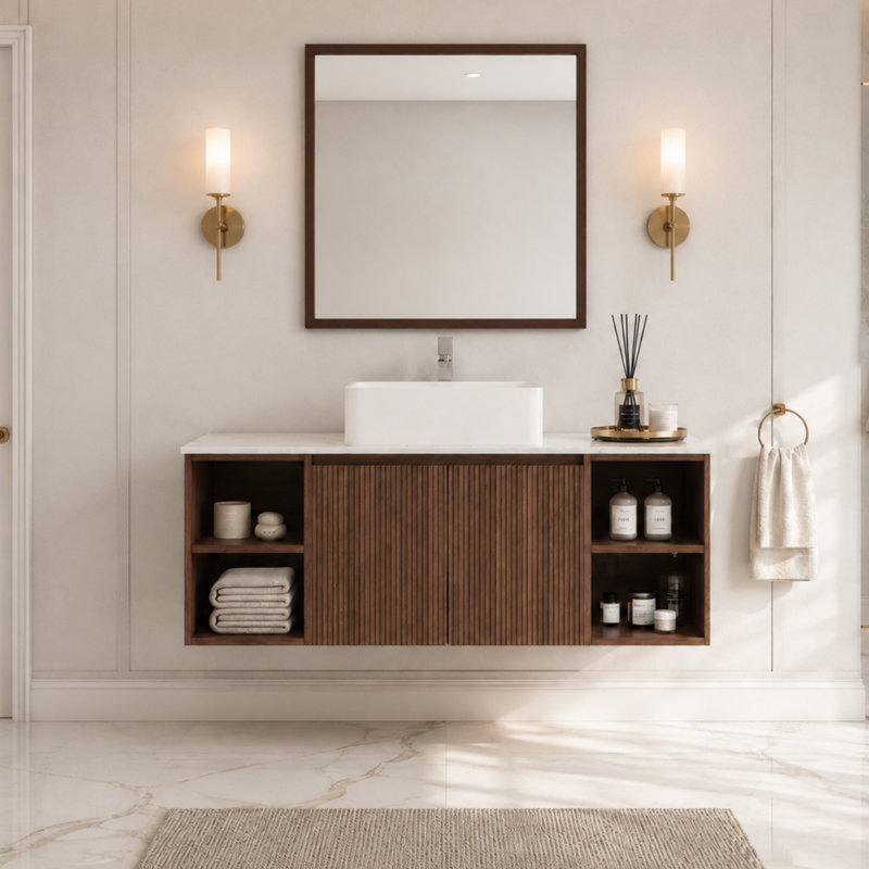 Meuble-lavabo flottant moderne 48 po avec plateau en pierre frittée résistant aux taches, tablettes ouvertes et armoire murale en bois pour petits espaces