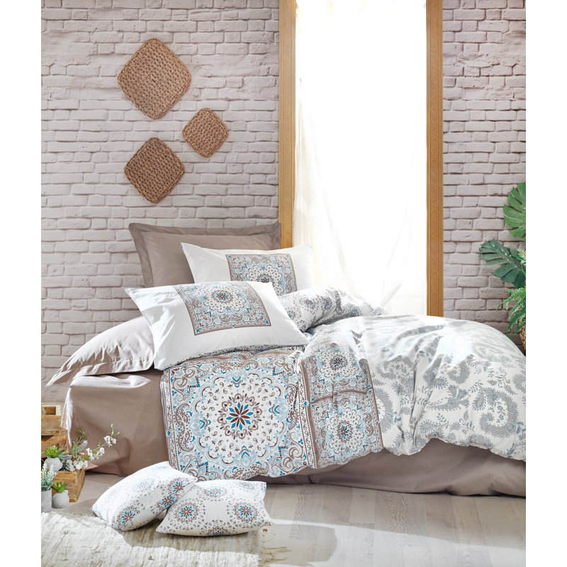 Ensemble de housse de couette 100% coton gris / bleu Corktown, Housse de couette simple + 1 taie d'oreiller stand