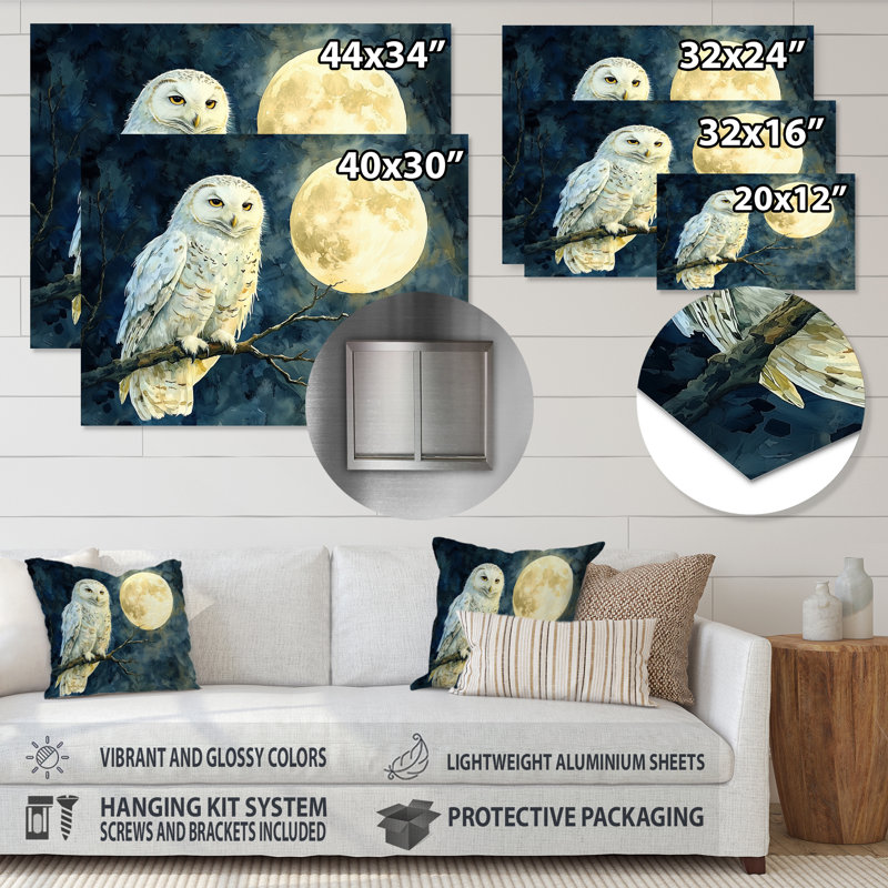 Tranquil Owl In The Moonlight - Art mural en métal hibou pour le salon, H 12 po x l 20 po
