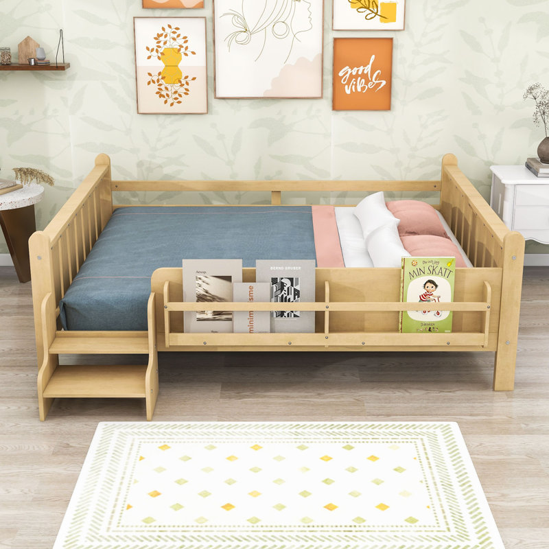 Queen Wooden Platform Bed with Bookcases and Guardrails, Light Natural