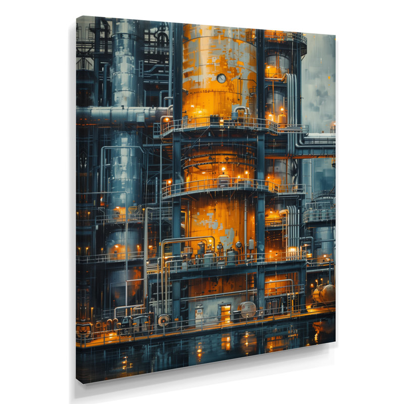 Art mural de raffinerie de pétrole dans la nuit II - usines, H 32 po x l 16 po x P 1 po, Toile tendue