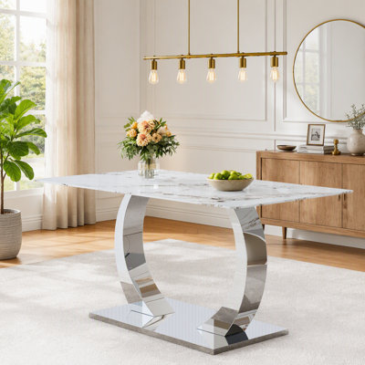 Table de salle à manger transformable robuste en acier inoxydable avec plateau en verre trempé imprimé élégant pour les cuisines modernes