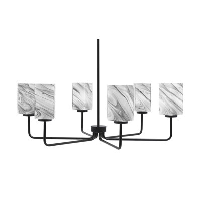 Lustre 6 lumières Amarmula, finition noir mat, verre carré onyx 3,5 "