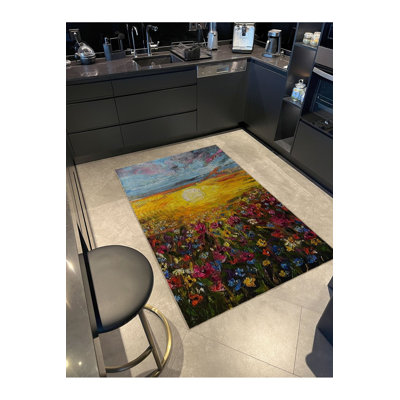 Tapis décoratif multicolore pastel à motif abstrait soleil et jardin