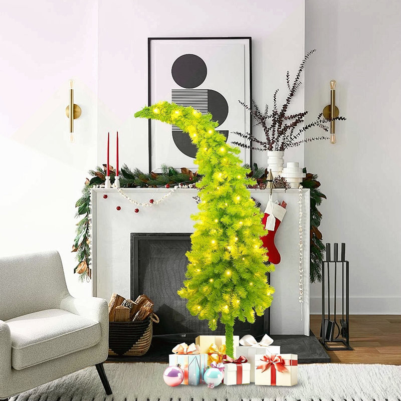 Sapin de Noël artificiel à charnière 5 pi, sapin de Noël pliable, décoration de Noël en forme de chapeau de père Noël, 400 branches luxuriantes, 100 lumières de Noël à DEL