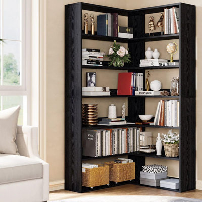 Bibliothèque d'angle à 6 niveaux avec tablette de rangement en L en bois rustique pour le salon et le bureau