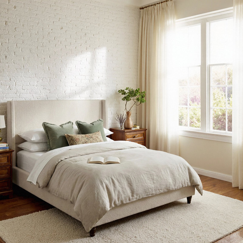 Cadre de lit plateforme grand rembourré avec tête de lit à oreilles extra haute 52,7 po, lit luxueux en tissu Boucle avec pieds en bois massif rétro, aucun sommier nécessaire