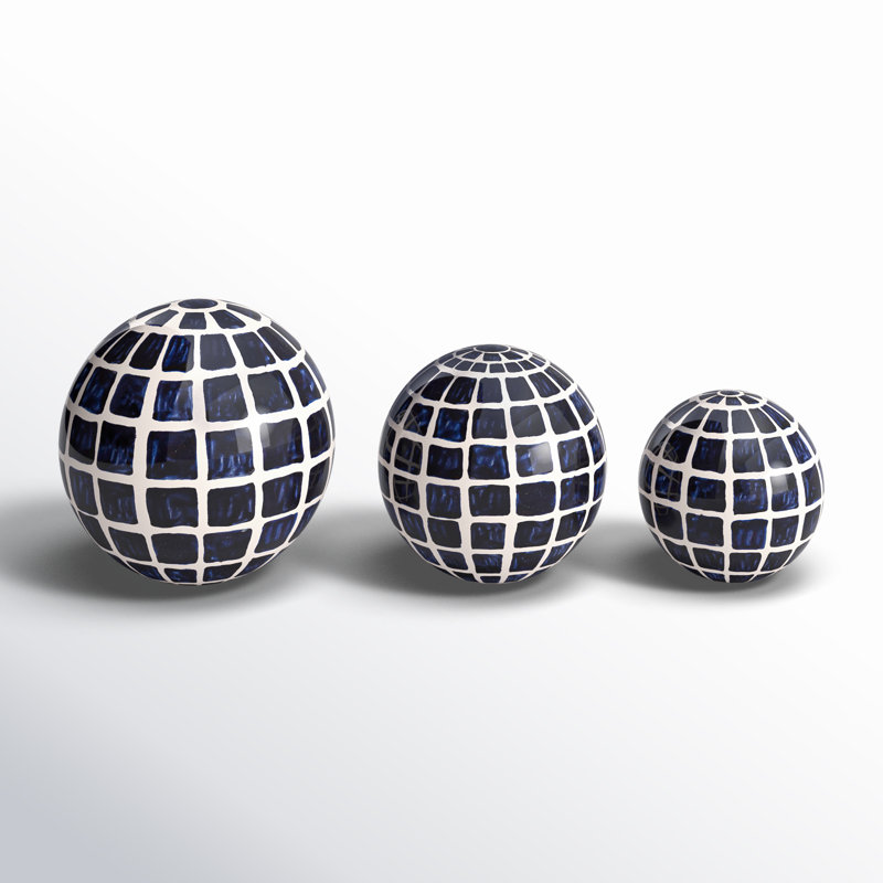 Halcott Set of 3 Ceramic Orbs - 4", 5", 6" Set of Blue and White Checkered Decorative Round Table Orbs for Home or Office Decor, Stylish Gift Idea
