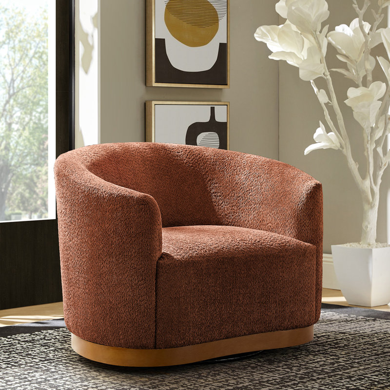 Fauteuil demi-tonneau pivotant avec dossier ergonomique et pieds en bois massif Merry, Rouille