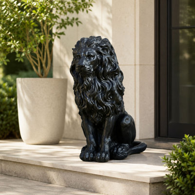 Black Lion Garden Statue, Weather-Resistant Resin Design
