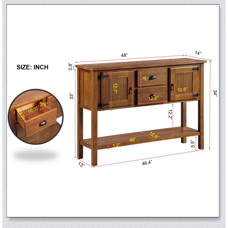 Solid Wood Sideboard Console Table With 2 Drawers, Cabinets, And Bottom Shelf For Retro Style Storage In Living And Dining Rooms