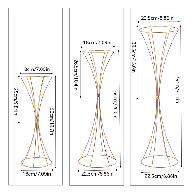 3 Pieces Modern Hourglass-shaped Wedding Flower Stands, Gold