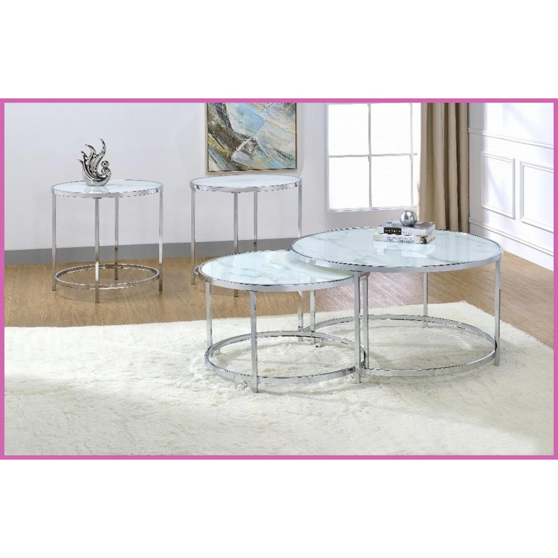 Ensemble de tables basses 3 pièces Modern - verre imprimé en marbre Chrome, gigogne peu encombrante avec roulettes