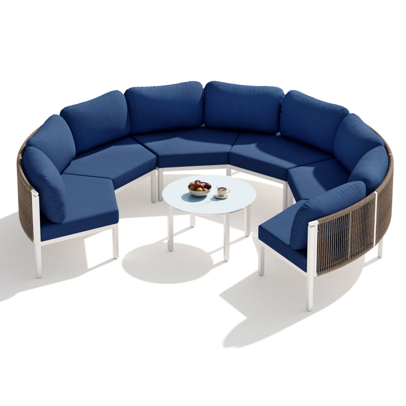  Ensemble de conversation pour patio pour 6 personnes en aluminium avec table, Coussin bleu marine / structure blanche