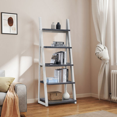Étagères à 5 niveaux, bibliothèque, étagère de rangement, bibliothèque avec cadre en bois d'hévéa, tablette échelle pour salon, bureau personnel, cuisine, chambre à coucher, appartement