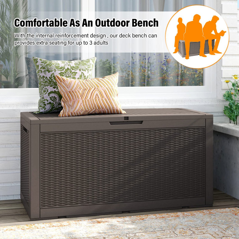 Tan Lockable Plastic 100 Gallon Deck Storage Box Bench