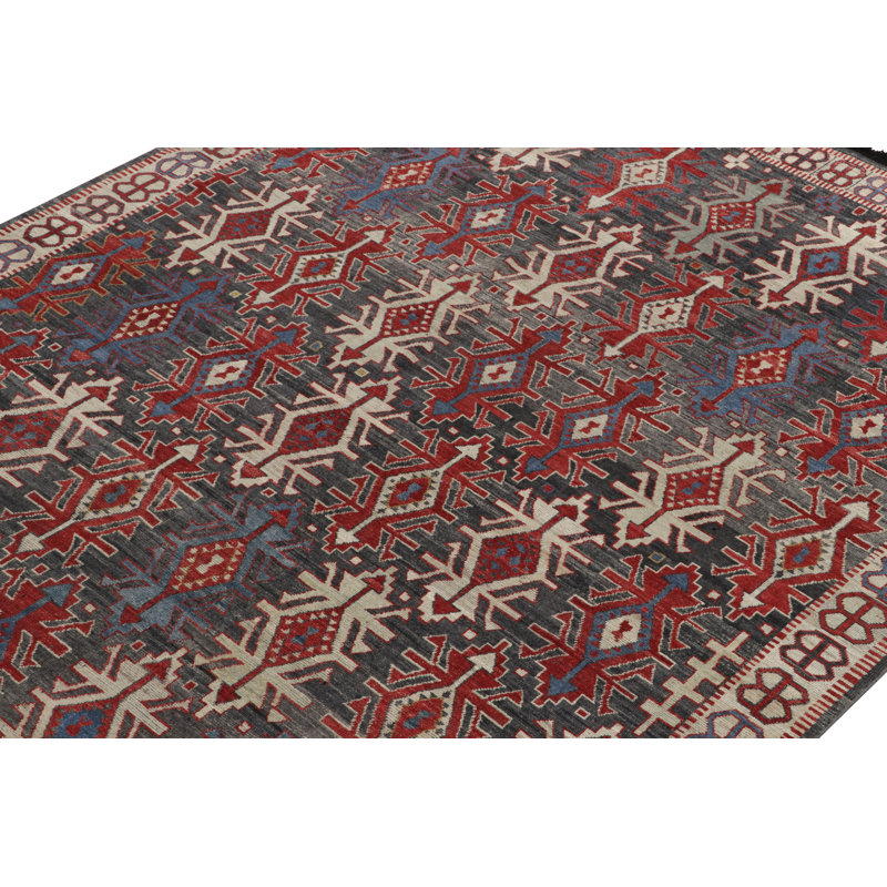 Caucasian Rug In Gray, Red & Blue Geometric Pattern By Rug & Kilim, Rectangle 4' x 5'