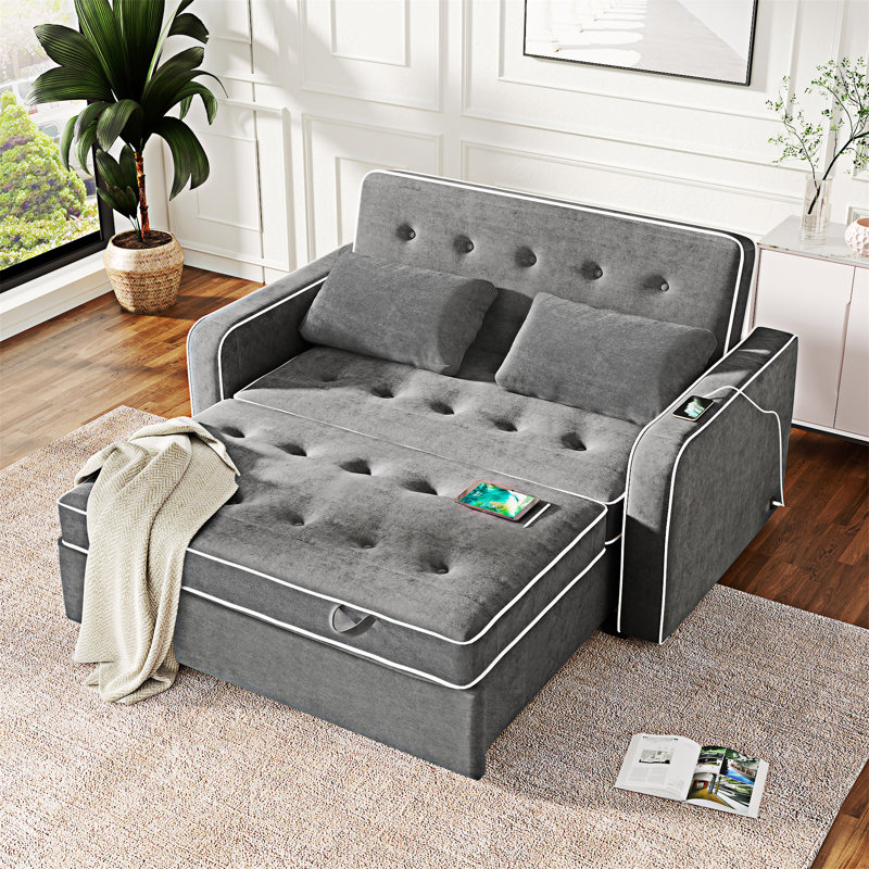 Upholstered Pull Out Sofa Bed With Throw Pillows, USB Charging Port And Adjustable Backrest, Charcoal Gray