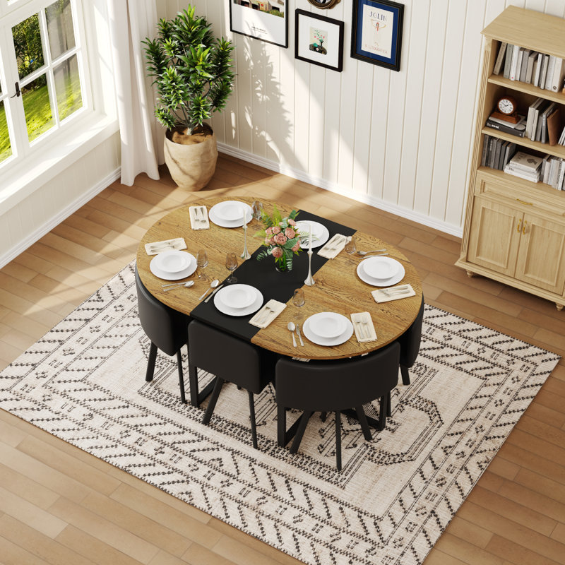 Ensemble de table de salle à manger 7 pièces ovale, plateau en grain de bois fixe et triamine noire avec 6 chaises en similicuir noir, ensemble de table de cuisine moderne pour 6 personnes, idéal pour les petits espaces, appartement, salle à manger