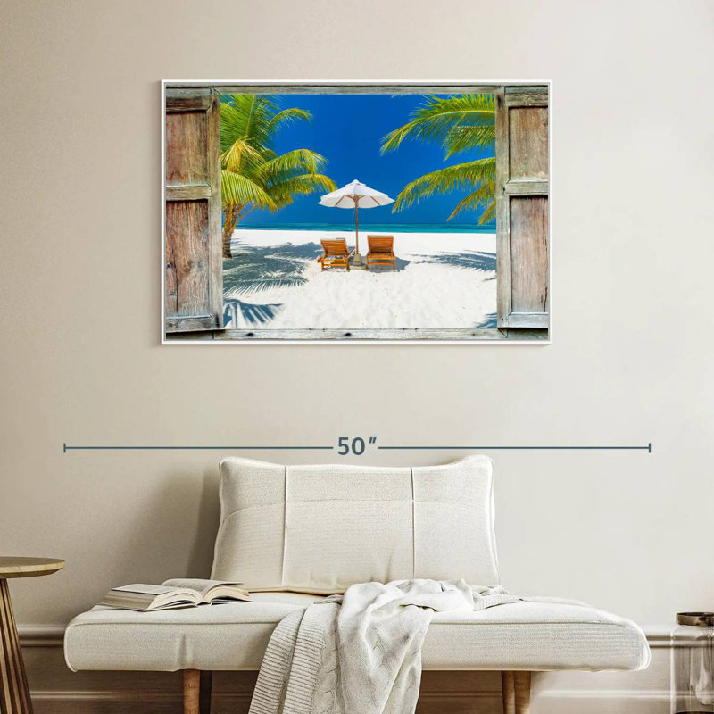 Fenêtre sur la côte des Maldives, Cadre flottant blanc, 40 po x 27 po