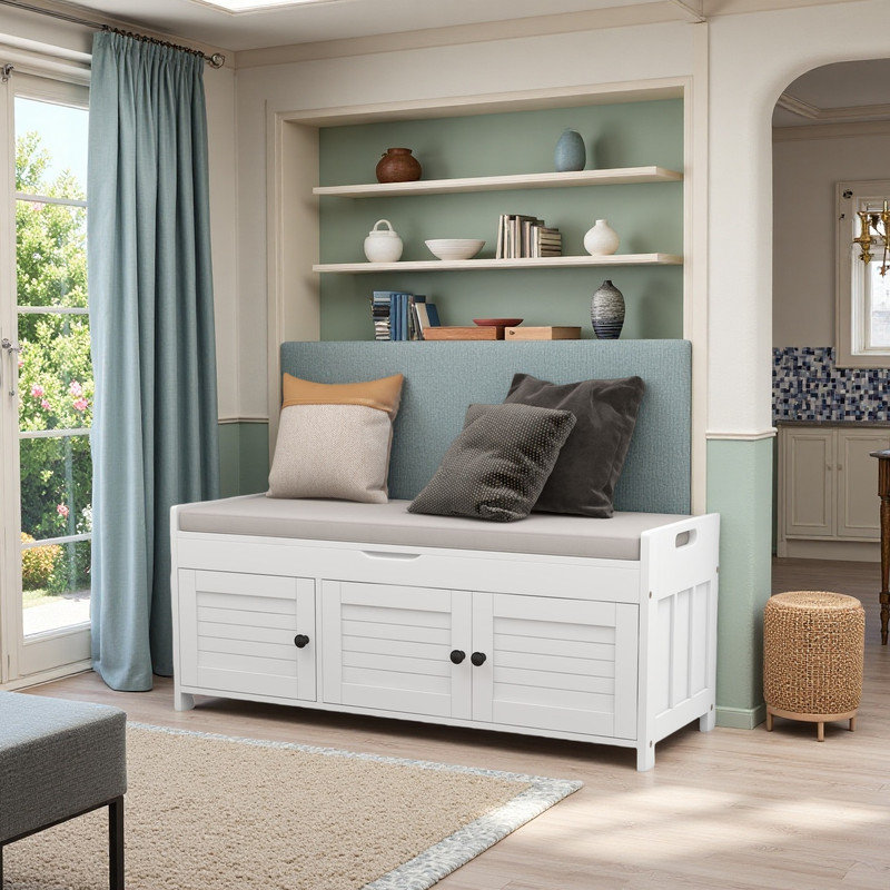 Upholstered Storage Bench with 2 Cabinets, White