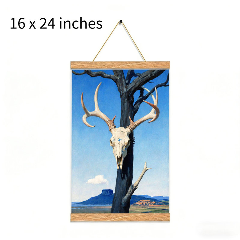 Tête de mort cerf sur arbre mort, art mural à volutes suspendues, cintre en bois intégré, l 16 x L 24