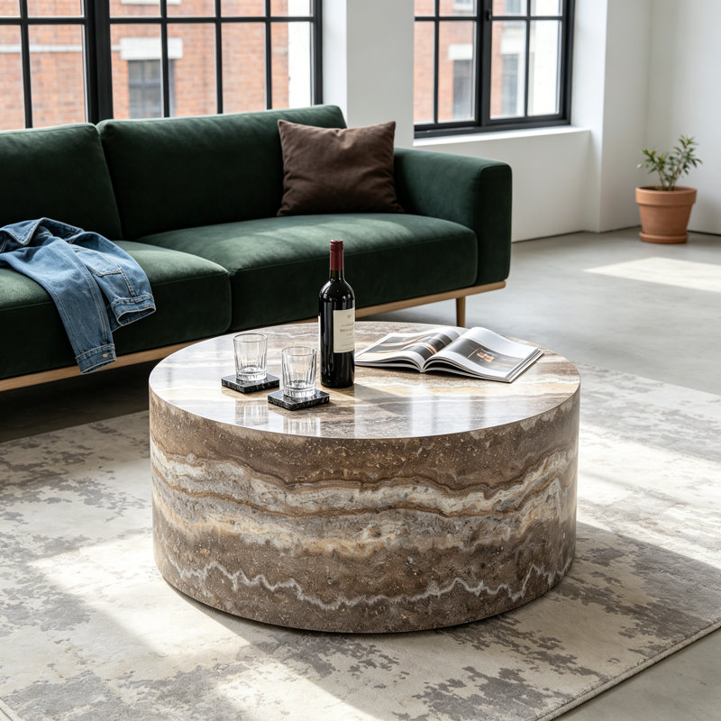 Table basse ronde en bois aggloméré à motif de pierres précieuses, 23,6 po de diamètre x 11,8 po de hauteur, matériau de salon en bois aggloméré. Convient aux salons de style industriel ou minimaliste.