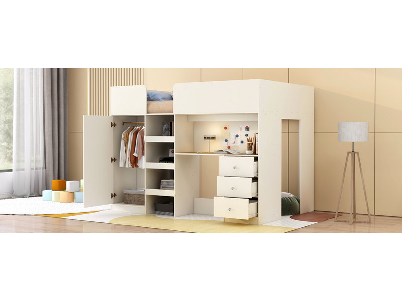 Modern Loft Bed With Wardrobe And Desk, Sturdy Construction And Space-Saving Design, Beige