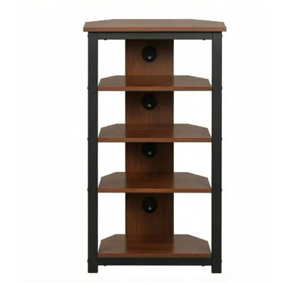 Meuble audio-vidéo de coin brun châtaignier à 4 niveaux, support audio-vidéo à cadre en acier avec trou de gestion des câbles, tablette d'angle en mélamine pour console de jeu, lecteur DVD, boîte de télévision et routeur WiFi