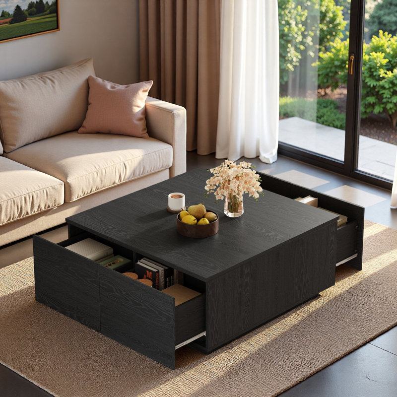 Table basse moderne carrée avec 4 tiroirs, Black