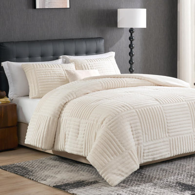 Ensemble d'édredon en molleton rayé beige rayé 280GSM, literie d'hiver chaud et doux, 1 édredon et 2 taies d'oreiller