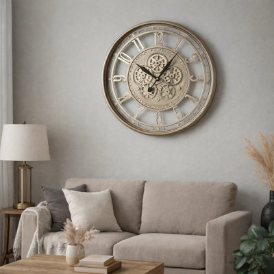 Horloge murale 27 pouces, engrenages en mouvement, chiffres standard, or champagne