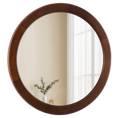 Round Wood Mirror 24 Inch,Circle Mirror with Walnut Frame for Wall,Rustic Decorative Round Wall Mirror for Bathroom Bedroom Entryway（Walnut Brown）