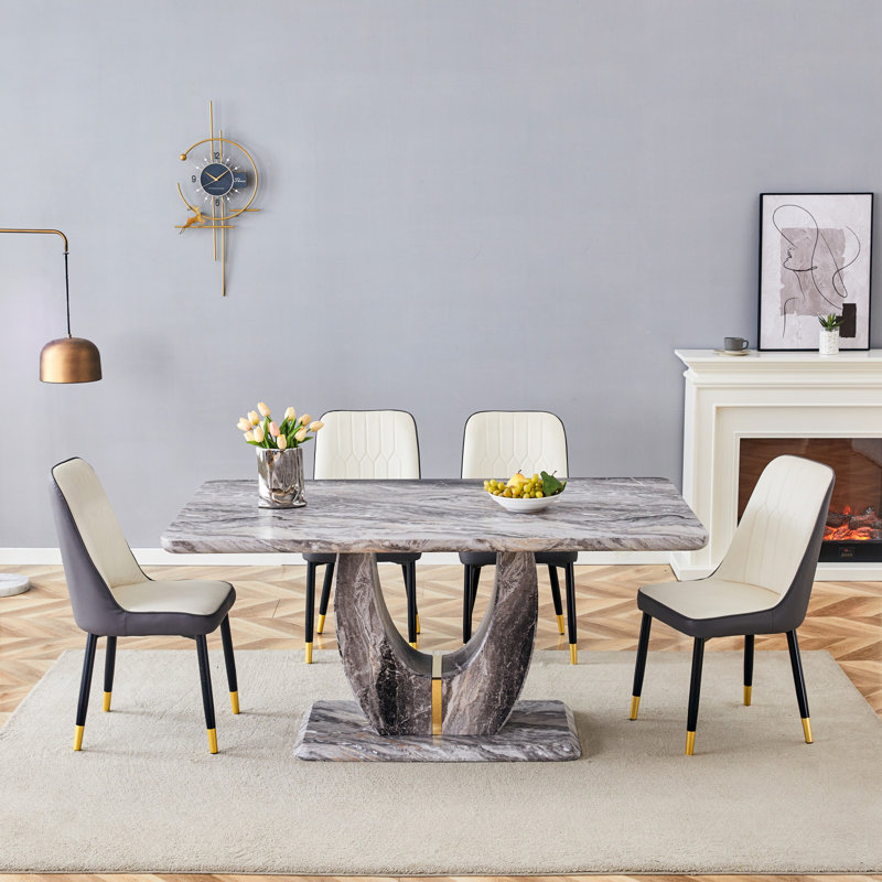 63" Modern Gray Dining Table Set With PU Leather Chairs, U-Shaped MDF Base, 5 Pieces: Table, 4 Chairs, White/Gray