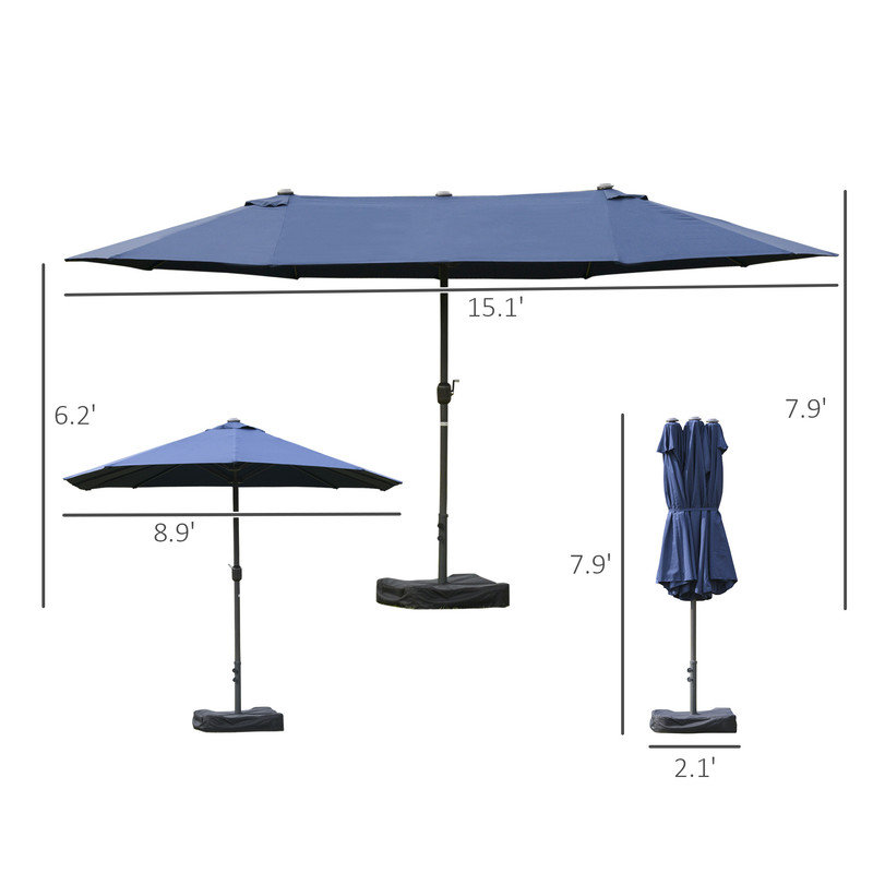 Parasol rectangulaire double face avec base, Bleu